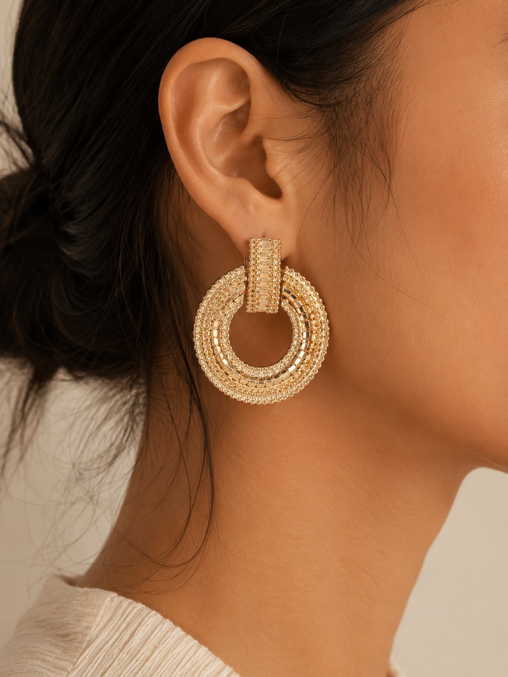 Vintage Inspired Gold Statement Circle Hoop Earrings